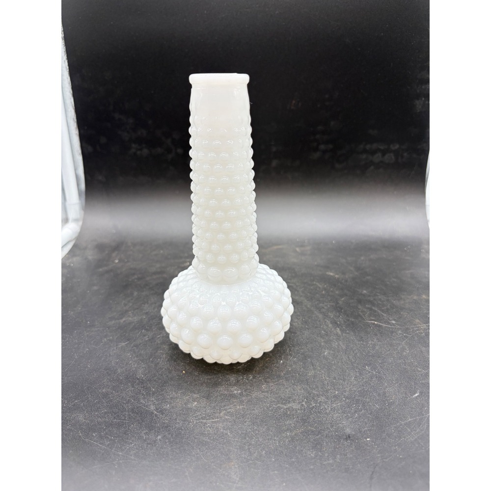Vintage White Milk Glass Hobnail Bud Vase Bulbous Base 7.25‎ Inch Mid Century